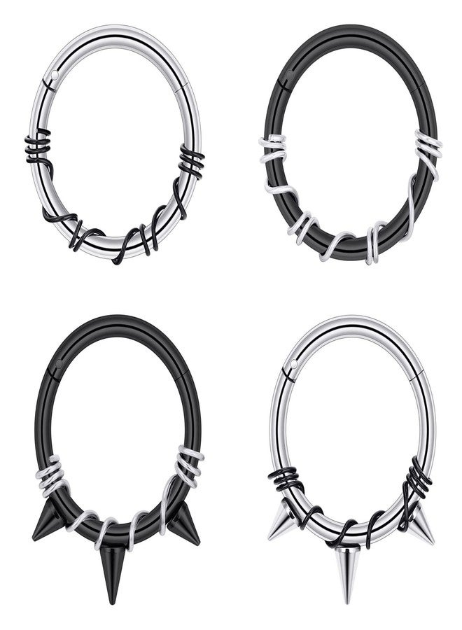 Qmcandy 4pcs Stainless Steel Wire Wrapped Septum Clicker Triple Spike Hinged Seamless Ring 16g Septum Piercing, 3/8" - Image 1